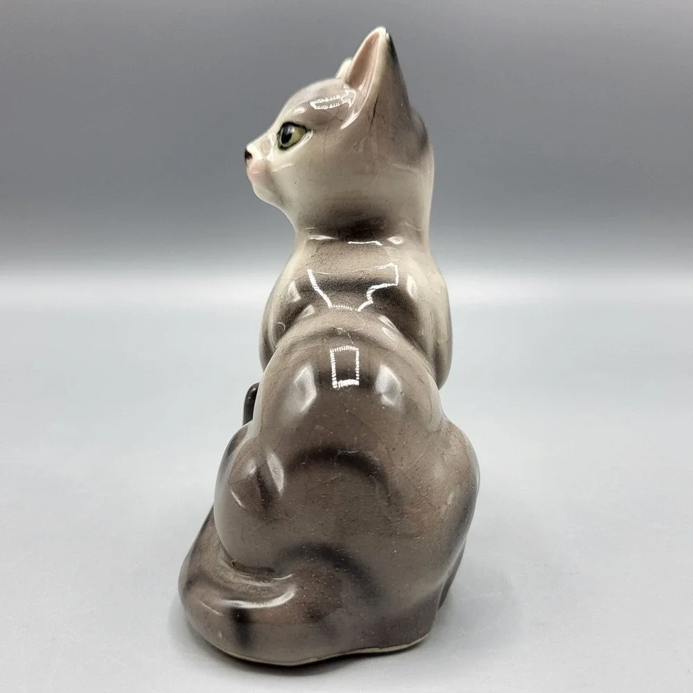 Vintage Ceramic Cat Kitten Figurine Gray Siamese Glossy Finish Shelf Decor
